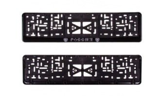 Рамка для номера Skyway пласт. с защёлкой черная (рельеф серебро) с гербом